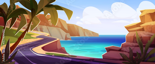 Cartoon coastal road winding along turquoise sea with rocky cliffs and tropical plants - scenic trip route through paradise beach landscape. Vibrant travel illustration for tourism background.