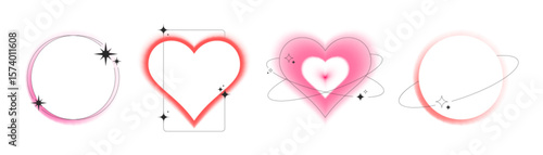 Heart border collection with neon blur aura effects, pink gradient round frames with sparkle stars and orbital rings. Romantic valentine decorations with soft light halos for love cards, social media.