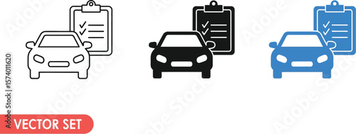 Three car icons with clipboards showing different styles and color variations