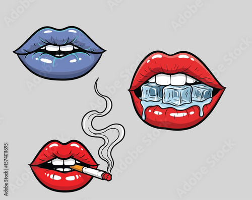 Collection of Woman's Lips: Smoking, Biting Ice, and Blue Lipstick