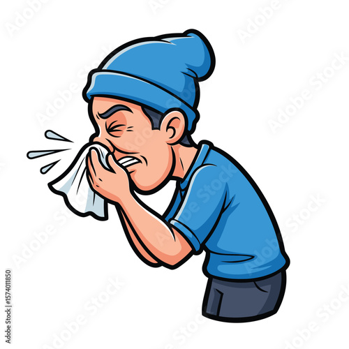 Sick Man Blowing Nose into Tissue Vector
