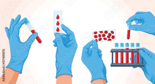 Hands in blue gloves holding blood samples and test tubes in a laboratory setting