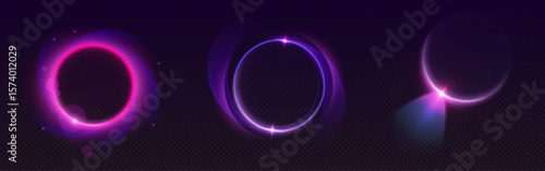 Neon halo light effects glowing purple and pink on dark bg - futuristic circular rings with bright sparkles and curved energy trail for sci fi interface, cyberpunk design or digital presentation.