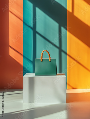 Luxury emerald green leather handbag on white podium with colorful retro color block background
