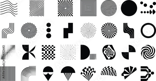 Collection of abstract geometric black shapes, optical illusion style elements, minimal modern design set, vector art for background or decoration.