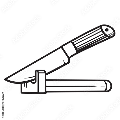 Monochrome drawing of a knife and sharpening steel kitchen utensils isolated on white