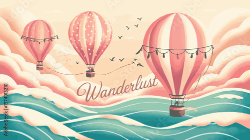 Dreamy hot air balloons float over wavy ocean waters evoking wanderlust and adventure