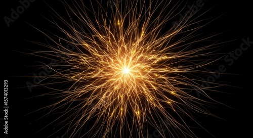 Radiating golden sparks on black backdrop