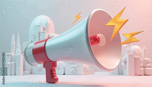 Marketing or advertising concept, 3d megaphone loudspeaker in realistic cute cartoon style. Vector illustrationBullhorn, loudspeaker icon. Loud speaker for sound amplifying, broadcast. Megaphone 