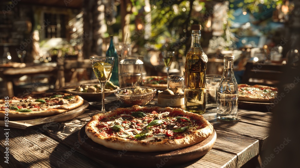 Fototapeta premium A delicious pizza on a marble table with wine glasses and soft lighting in a cozy setting.