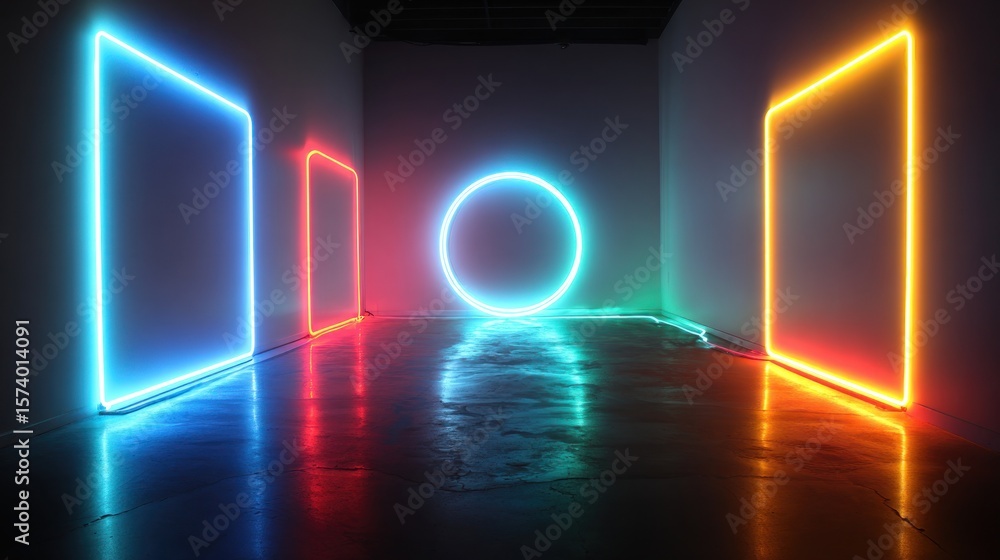 Fototapeta premium Neon geometric shapes in modern room