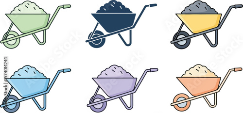 Illustration of six colorful wheelbarrows filled with sand on a white background