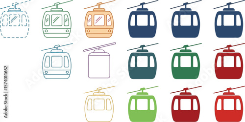 A collection of fifteen cable car illustrations in different colors and styles