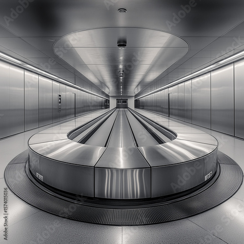 Empty Futuristic Baggage Carousel in Airport. Symmetrical view of a sleek, modern baggage carousel in an empty airport terminal, showcasing clean lines and futuristic design.