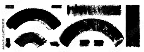Curved and straight black brush strokes. Vector set of grungy arc ink brushstrokes. Chinese calligraphy hand-drawn elements isolated on transparent background. Bend arch gouache bg