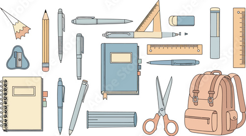 A collection of school supplies including pens pencils and a backpack on display