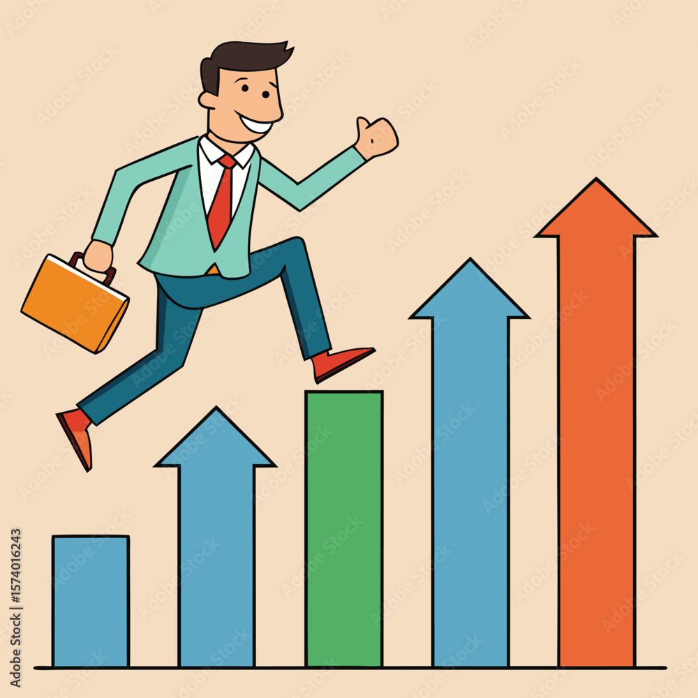 Vector art of a smiling businessman in a suit carrying a briefcase leaps up a green arrow on a colorful bar graph, illustrating a successful business journey Vector art of a smiling businessman in a suit carrying a briefcase leaps up a green arrow on a colorful bar graph, illustrating a successful business journey