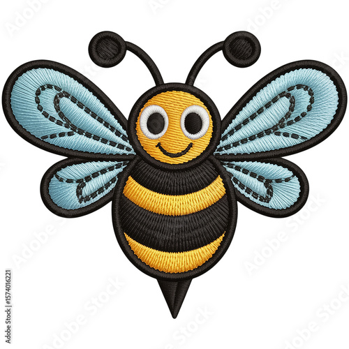 Embroidered bee with blue wings and yellow stripes