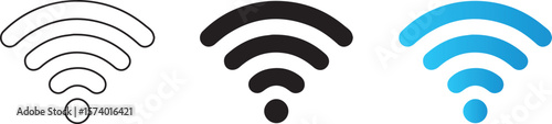 Three variations of the wifi symbol in outline black and blue gradient