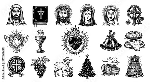 Vintage Religious Symbols Set, Jesus, Mary, Holy Heart, Dove, Bible, Bread, Bells, and Ark