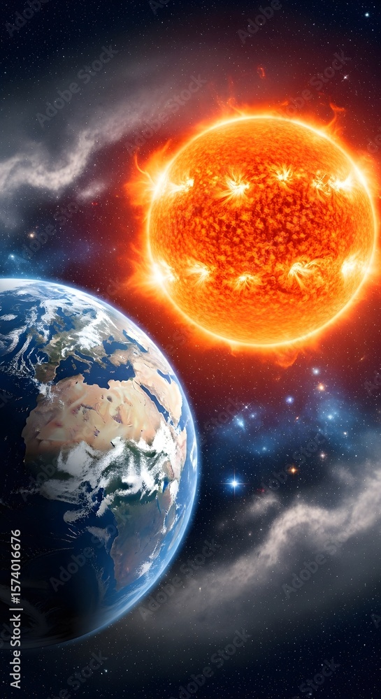 Obraz premium Earth and Sun in Space with Bright Solar Flare and Cosmic Background