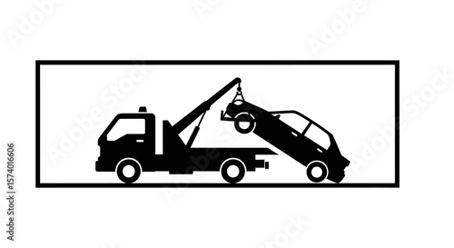 Black Tow Truck Lifting Car Silhouette in Frame, Transportation Icon