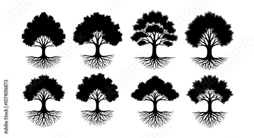 Eight Black Silhouettes of Trees with Visible Roots, Diverse Crown Shapes