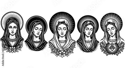 Five Black and White Virgin Mary Portraits with Halos