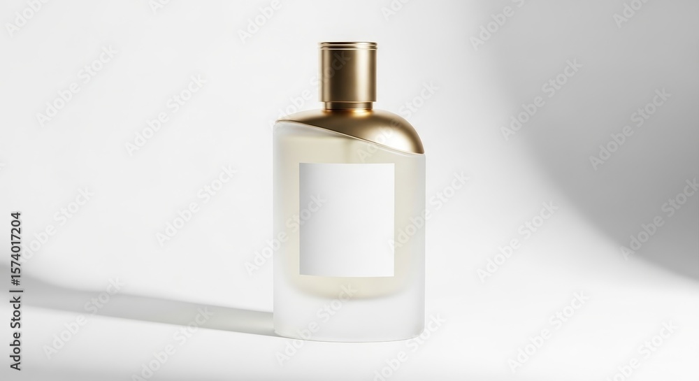 A frosted glass perfume bottle with a gold cap and a white label on a white background with shadows A frosted glass perfume bottle with a gold cap and a white label on a white background with shadows