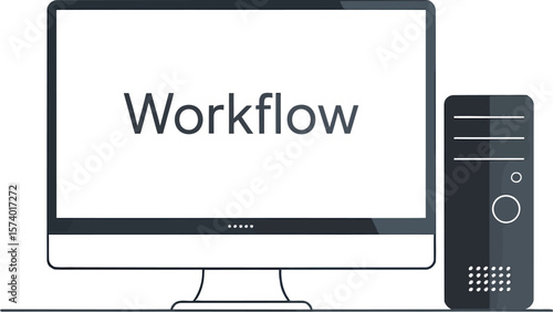 Illustration of a desktop computer displaying the word workflow next to a computer tower unit