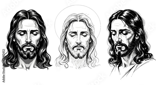 Three Black and White Jesus Portraits with Halo and Varying Poses