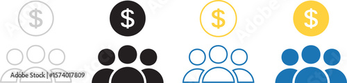 Crowdfunding icon showing a group of people with a dollar sign symbol. Perfect for finance, investment, and teamwork concepts.
