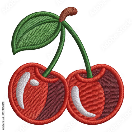 Embroidered Red Cherries with Green Leaf cherry fruit