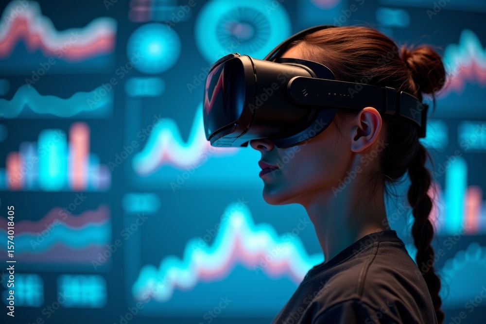 Visualizing Data in Virtual Reality: Person Wearing VR Goggles Surrounded by Floating Graphs and Charts Visualizing Data in Virtual Reality: Person Wearing VR Goggles Surrounded by Floating Graphs and Charts