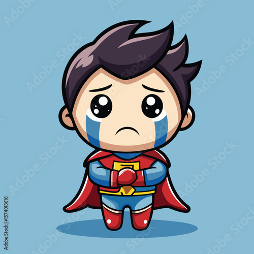 Sad, chibi superhero with tears