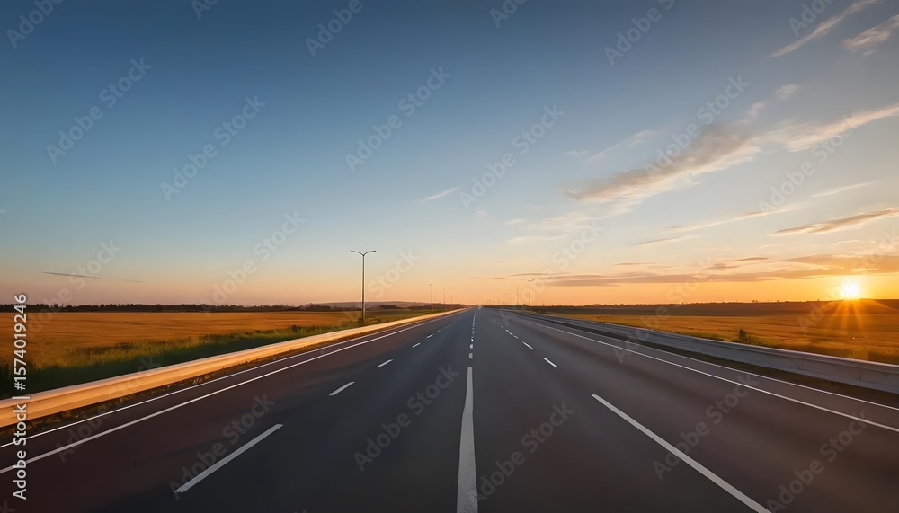 Naklejka premium Empty highway stretching towards a vibrant sunset over golden fields