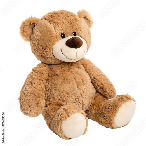 A single classic, brown, fluffy teddy bear, a soft, cuddly stuffed animal toy, isolated on a transparent background png
