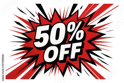 Red starburst sticker with 50% OFF in bold comic style, dynamic retail promo discount on transparent background.