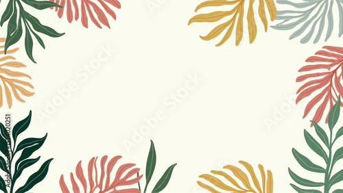 Illustration of palm trees on beach shore by sea at sunset Flowers and plants drawn with black and colored green olive ink. Simple line art illustration. Seamless pattern with abstract floral print. 