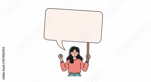 Cartoon Woman Holding Blank Speech Bubble Sign with Raised Fist.