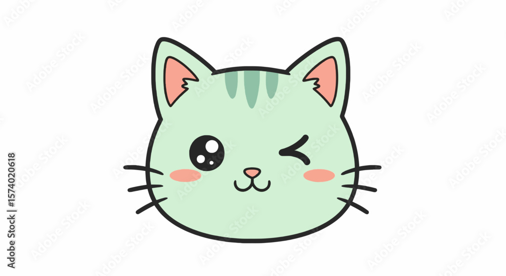 Fototapeta premium Cute Winking Cat Face Illustration with Mint Green Fur and Whiskers.