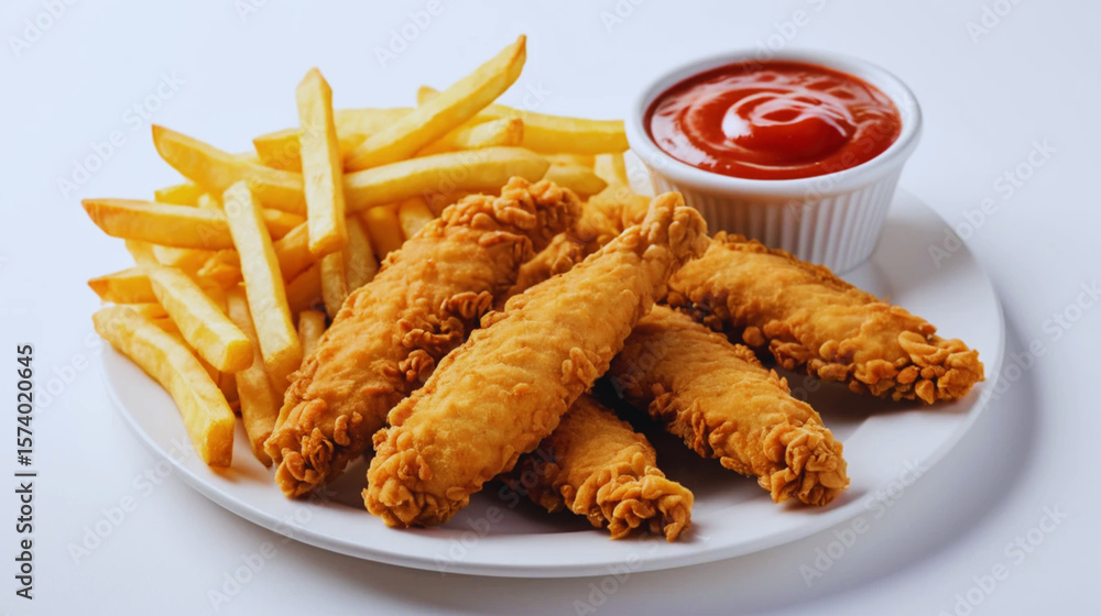 Crispy fried chicken tenders served with golden French fries and a side of ketchup, isolated on a clean white background. Perfect for fast food menus, delivery app visuals, snack promotions Crispy fried chicken tenders served with golden French fries and a side of ketchup, isolated on a clean white background. Perfect for fast food menus, delivery app visuals, snack promotions
