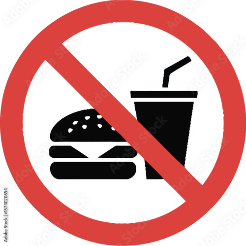 A sign with a red circle and a diagonal line through a burger and a drink on a white background