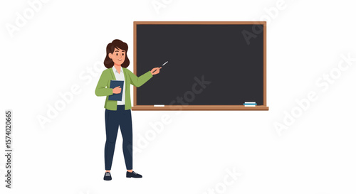 Female Teacher Pointing at Chalkboard Educating Students.