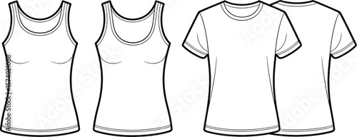 Illustration of two tank tops and two t shirts in white on a light gray background design layout