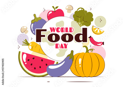 World Food Day Vector Illustration on October 16, Featuring a Variety of Foods, Fruits, and Vegetables in a Flat Style Cartoon Background