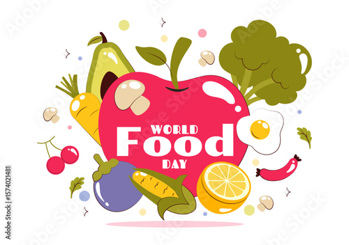 World Food Day Vector Illustration on October 16, Featuring a Variety of Foods, Fruits, and Vegetables in a Flat Style Cartoon Background