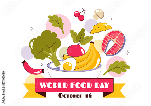 World Food Day Vector Illustration on October 16, Featuring a Variety of Foods, Fruits, and Vegetables in a Flat Style Cartoon Background