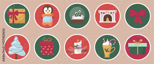 Festive Christmas Sticker Set: Fireplace, Snowman and Decorative Elements