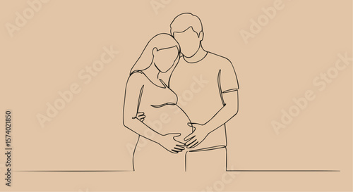 A couple stands in embrace, the woman is pregnant.